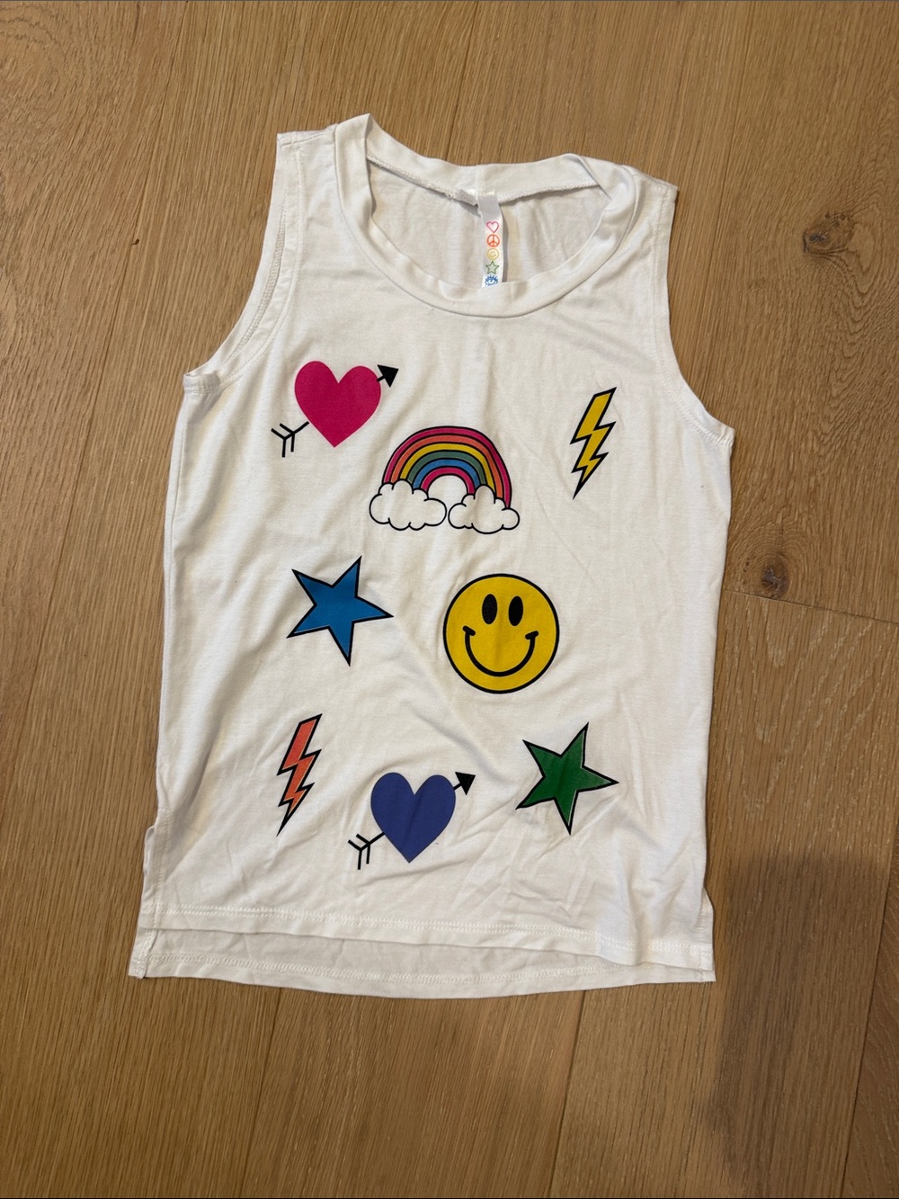 NWOT Malibu Sugar Girls' White Tank Top with Rainbow, Stars & Smiley size 10